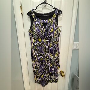 Signature by Sangria Purple and Yellow Patterned Midi Dress